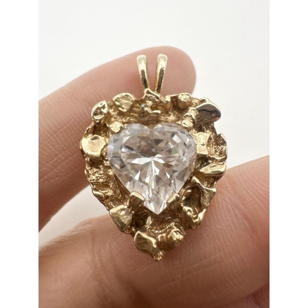 Vintage Nugget Heart Pendant CZ Gold Tone